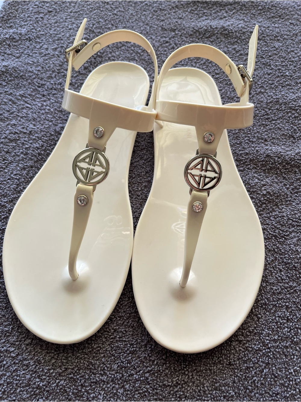 Antonio Melani Ivory Jelly T-Strap Sandals with Silver Medallions